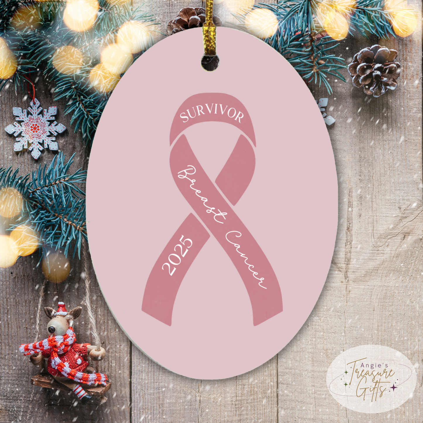 Personalized Breast Cancer Ornament – Pink Awareness Ribbon – Survivor, Warrior, or Fighter – Custom Year Keepsake Gift