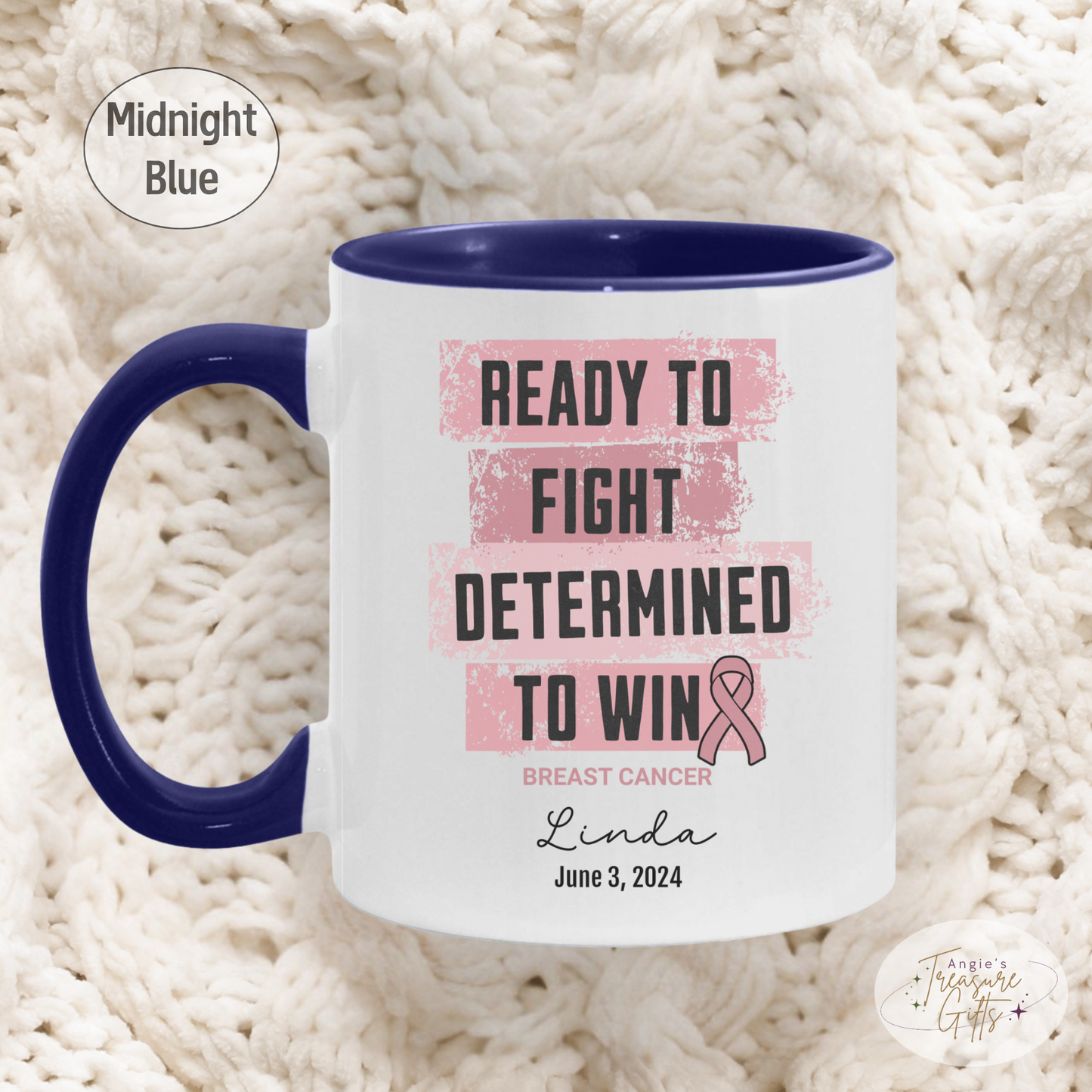 Personalized Breast Cancer Awareness Mug – “Ready to Fight, Determined to Win” – Pink Ribbon Survivor Gift