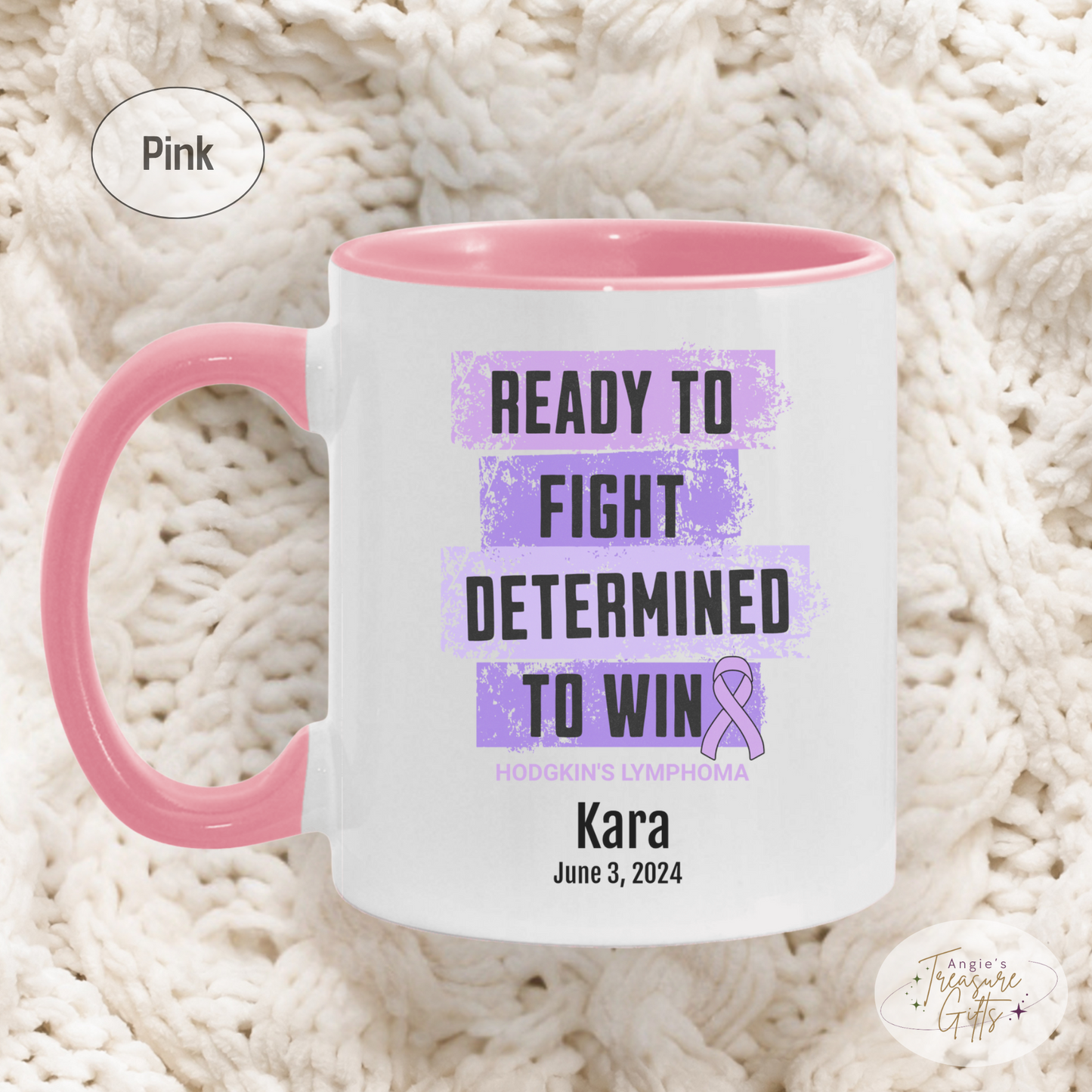 Personalized Hodgkin’s Lymphoma Awareness Mug – “Ready to Fight, Determined to Win” – Violet Ribbon Survivor Gift