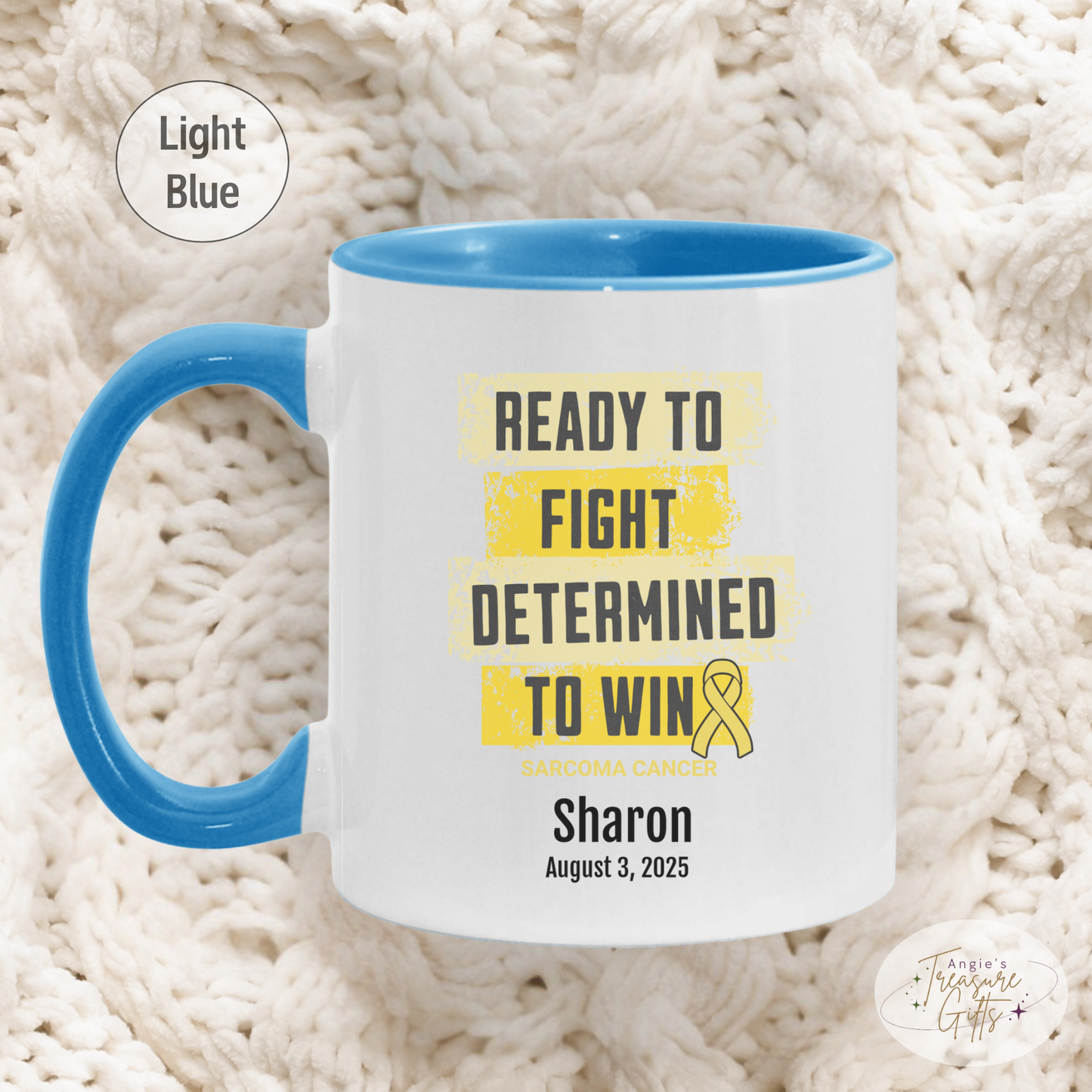 Personalized Sarcoma Cancer Awareness Mug – “Ready to Fight, Determined to Win” – Yellow Ribbon Survivor Gift