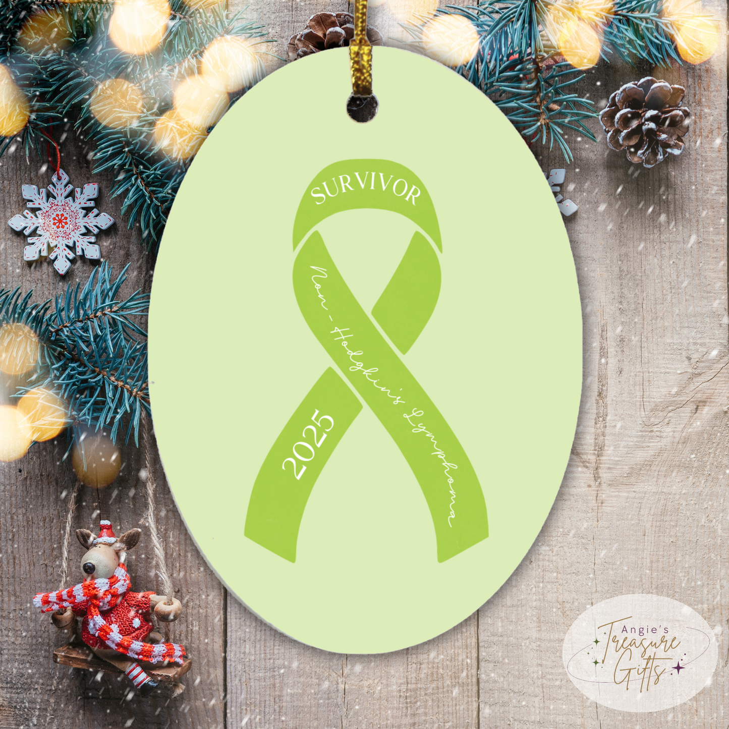 Personalized Non-Hodgkin's Lymphoma Ornament – Lime Green Awareness Ribbon – Survivor, Warrior, or Fighter – Custom Year Keepsake Gift