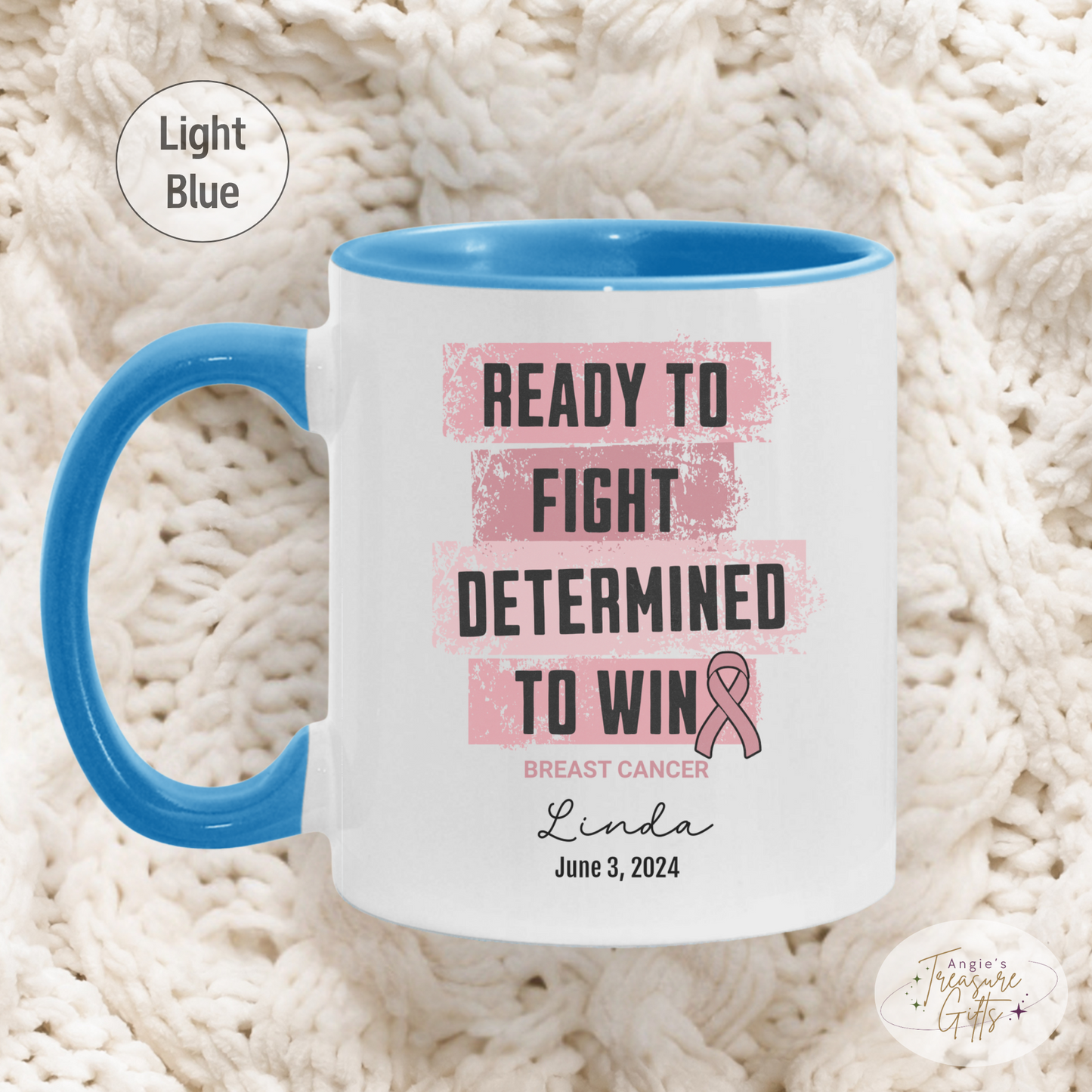 Personalized Breast Cancer Awareness Mug – “Ready to Fight, Determined to Win” – Pink Ribbon Survivor Gift