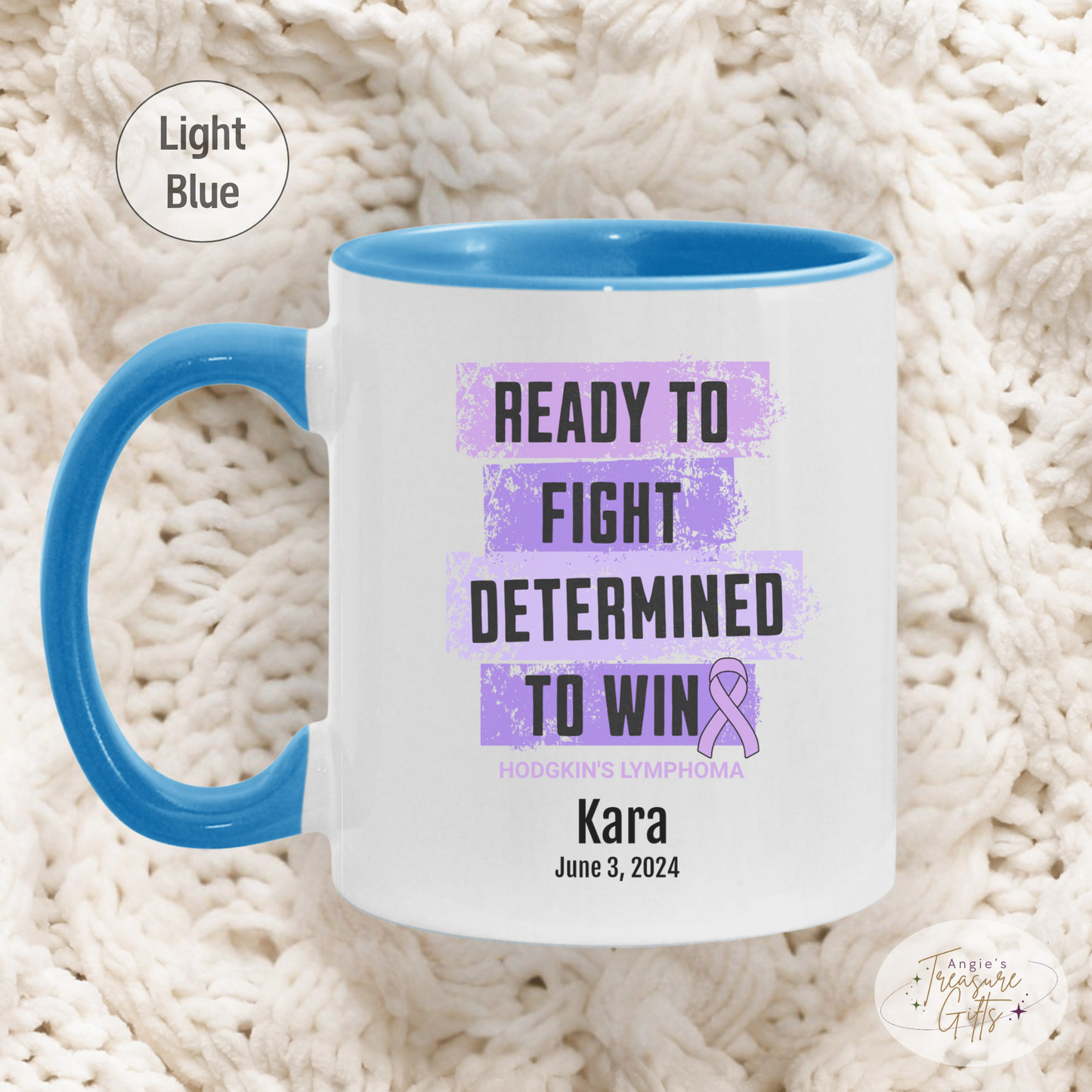 Personalized Hodgkin’s Lymphoma Awareness Mug – “Ready to Fight, Determined to Win” – Violet Ribbon Survivor Gift
