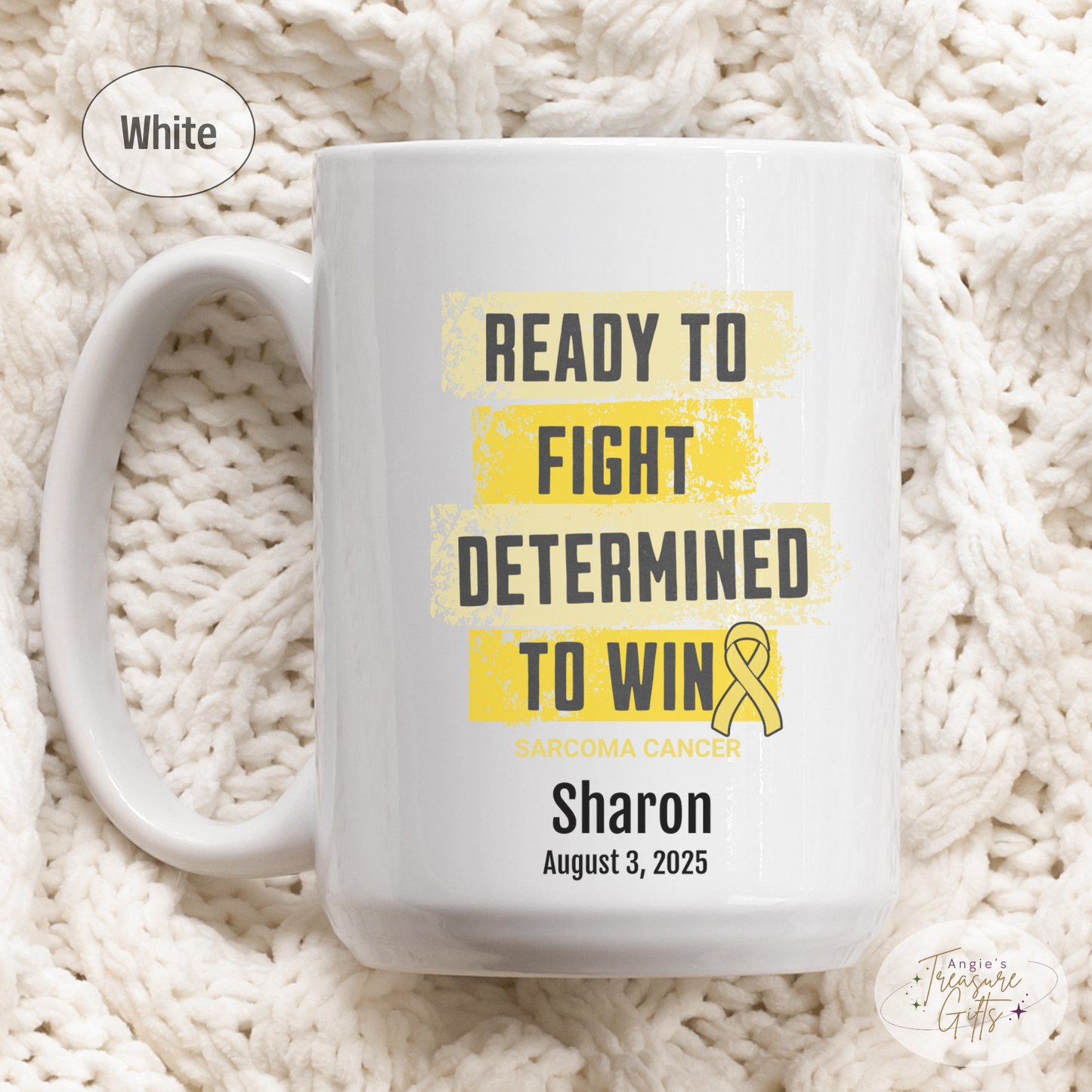 Personalized Sarcoma Cancer Awareness Mug – “Ready to Fight, Determined to Win” – Yellow Ribbon Survivor Gift