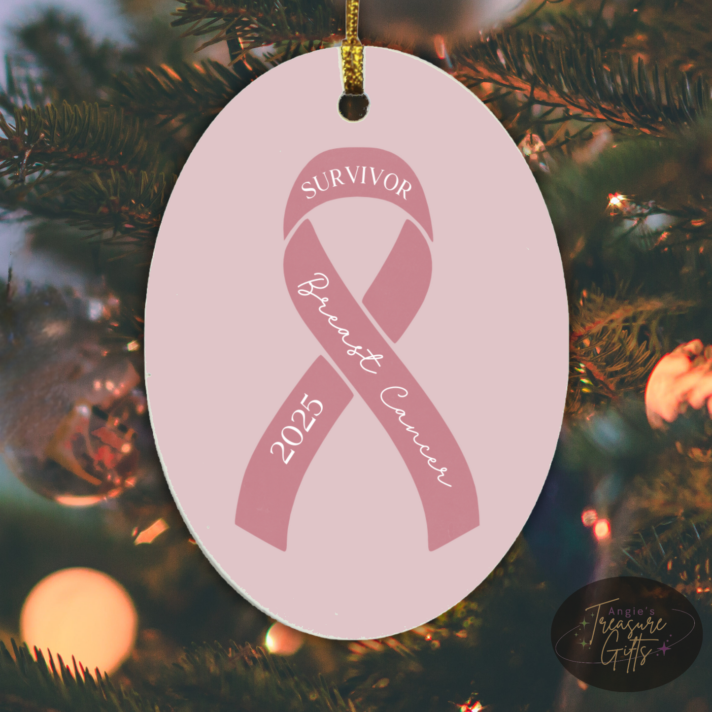 Personalized Breast Cancer Ornament – Pink Awareness Ribbon – Survivor, Warrior, or Fighter – Custom Year Keepsake Gift