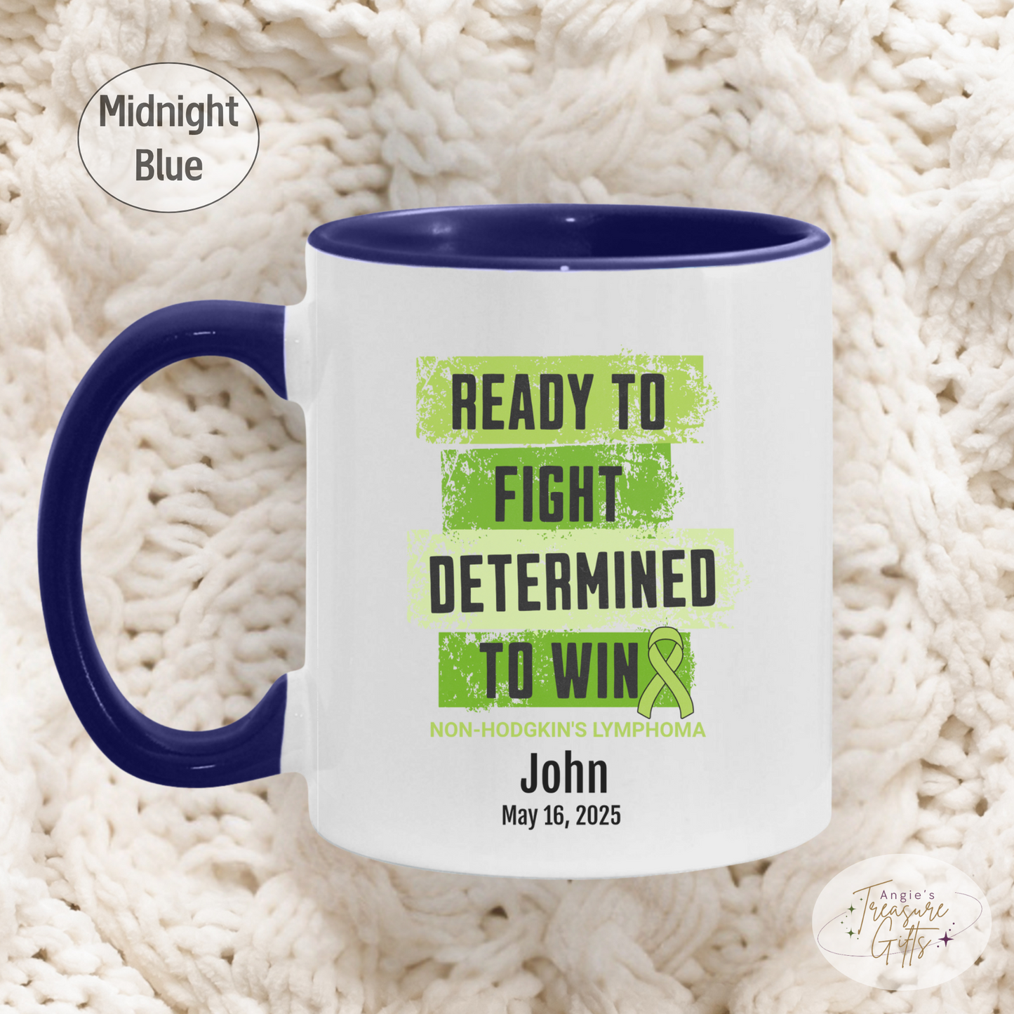 Personalized Non-Hodgkin’s Lymphoma Awareness Mug – “Ready to Fight, Determined to Win” – Green Ribbon Survivor Gift