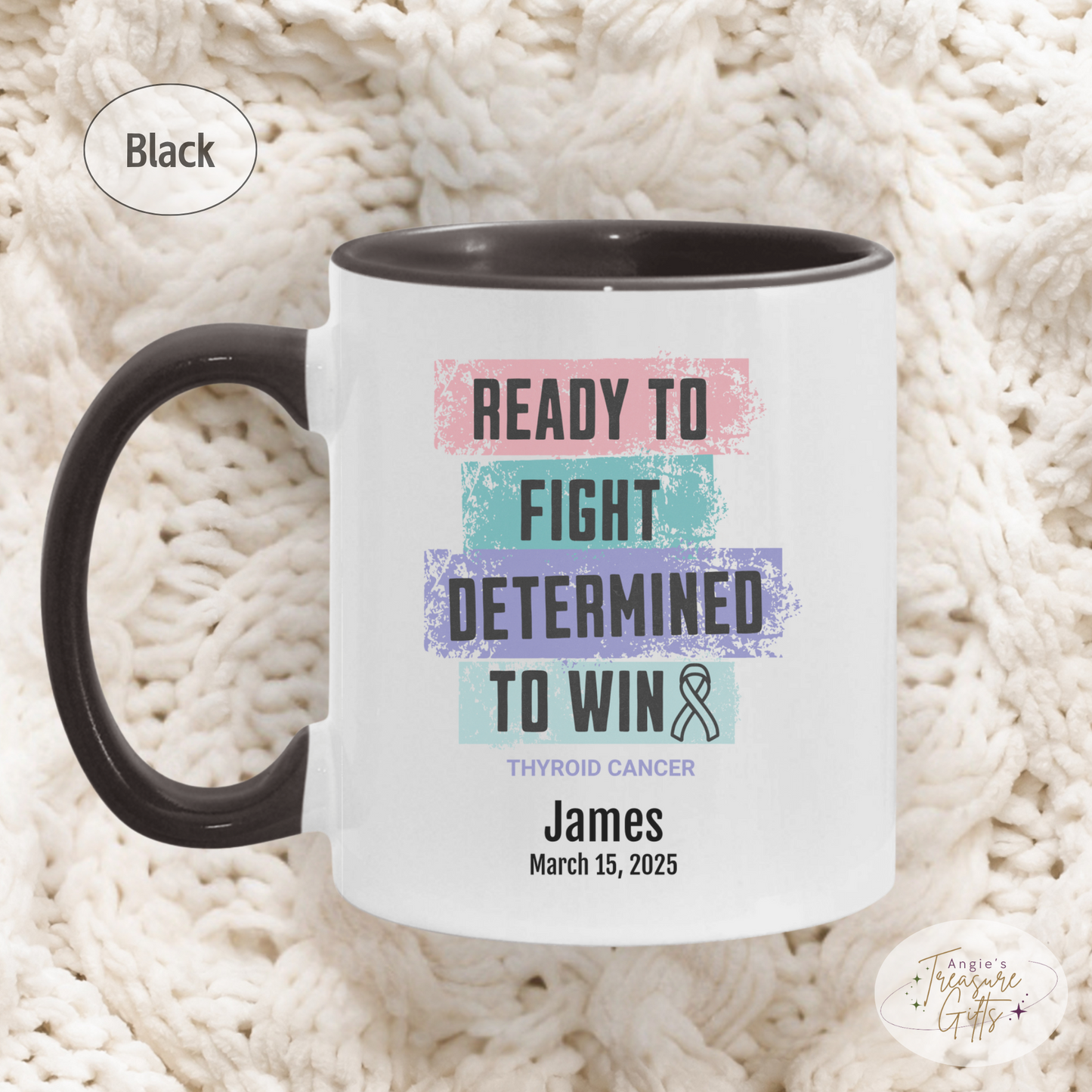 Personalized Thyroid Cancer Awareness Mug – “Ready to Fight, Determined to Win” – Teal Pink Blue Ribbon Survivor Gift