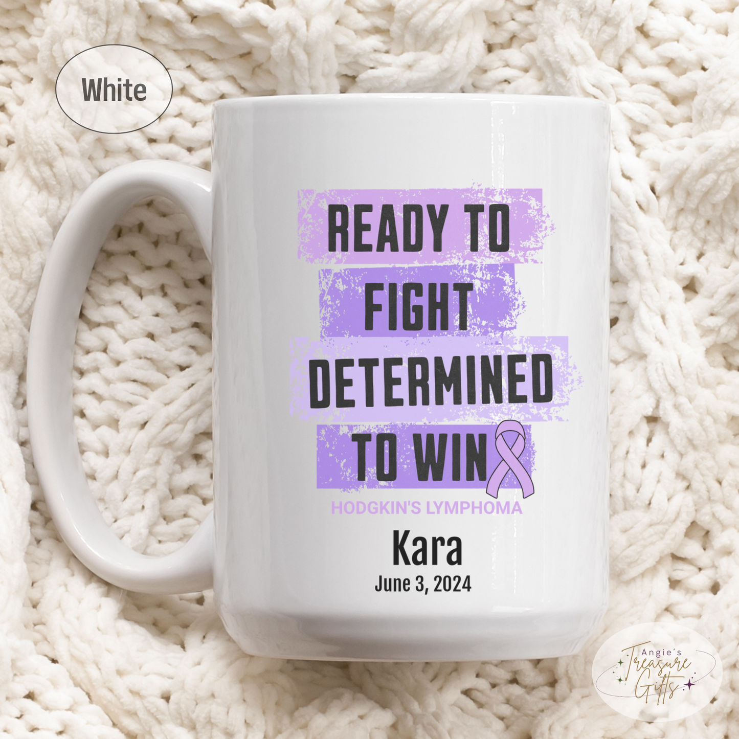 Personalized Hodgkin’s Lymphoma Awareness Mug – “Ready to Fight, Determined to Win” – Violet Ribbon Survivor Gift