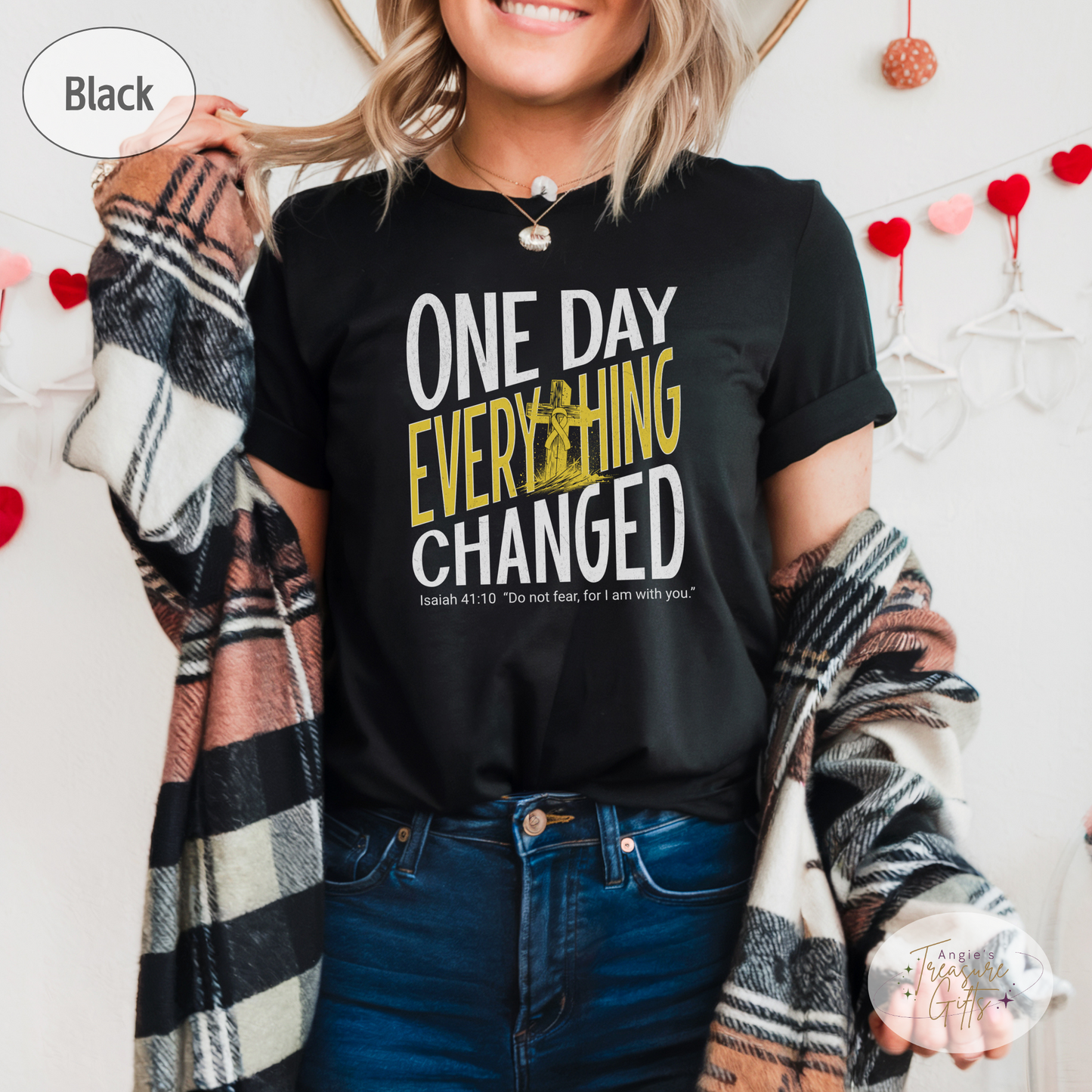 One Day Everything Changed Isaiah 41:10 Sarcoma Awareness Shirt | Yellow Ribbon Faith Hope Love Bella Canvas 3001 Tee