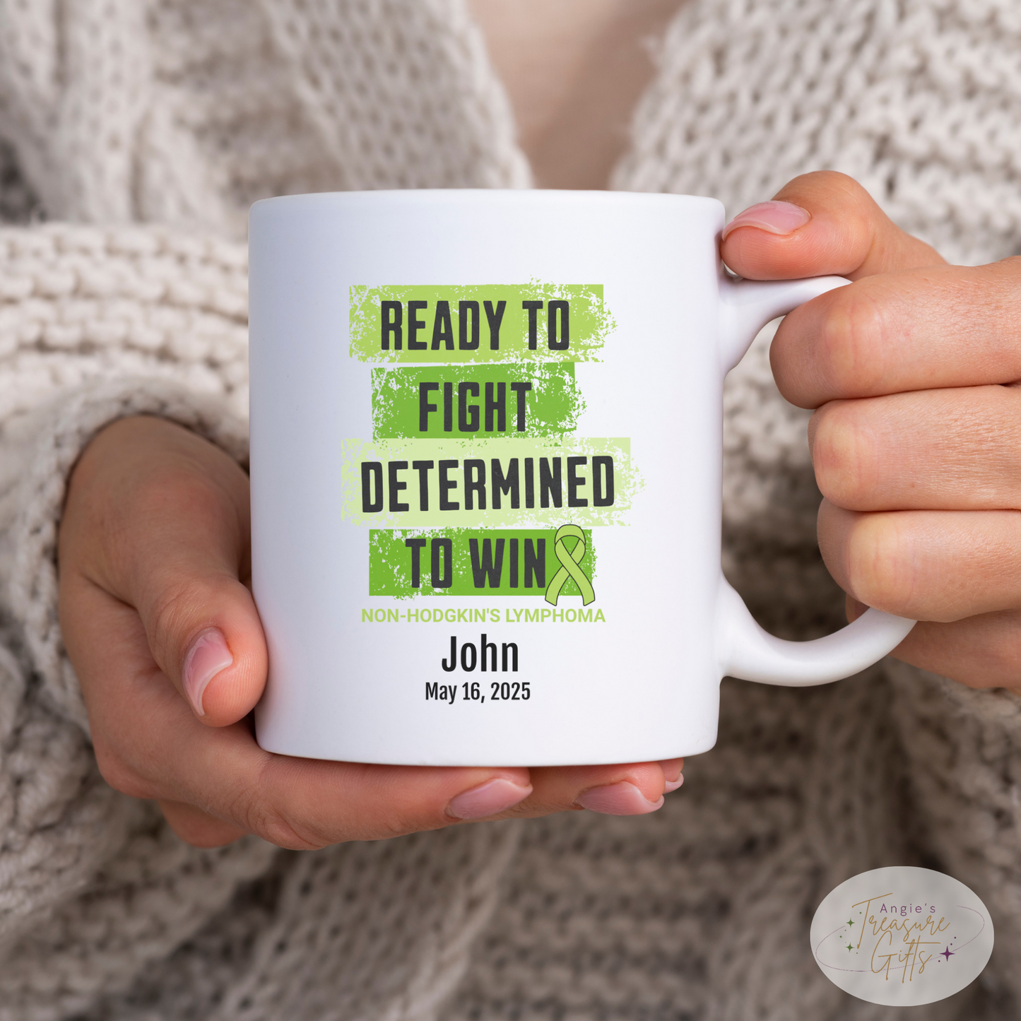 Personalized Non-Hodgkin’s Lymphoma Awareness Mug – “Ready to Fight, Determined to Win” – Green Ribbon Survivor Gift