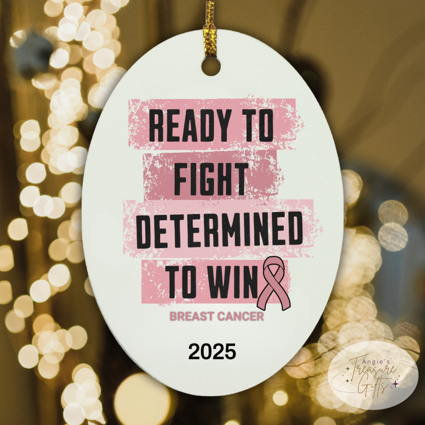 Personalized Breast Cancer Awareness Ornament – “Ready to Fight, Determined to Win” Pink Ribbon