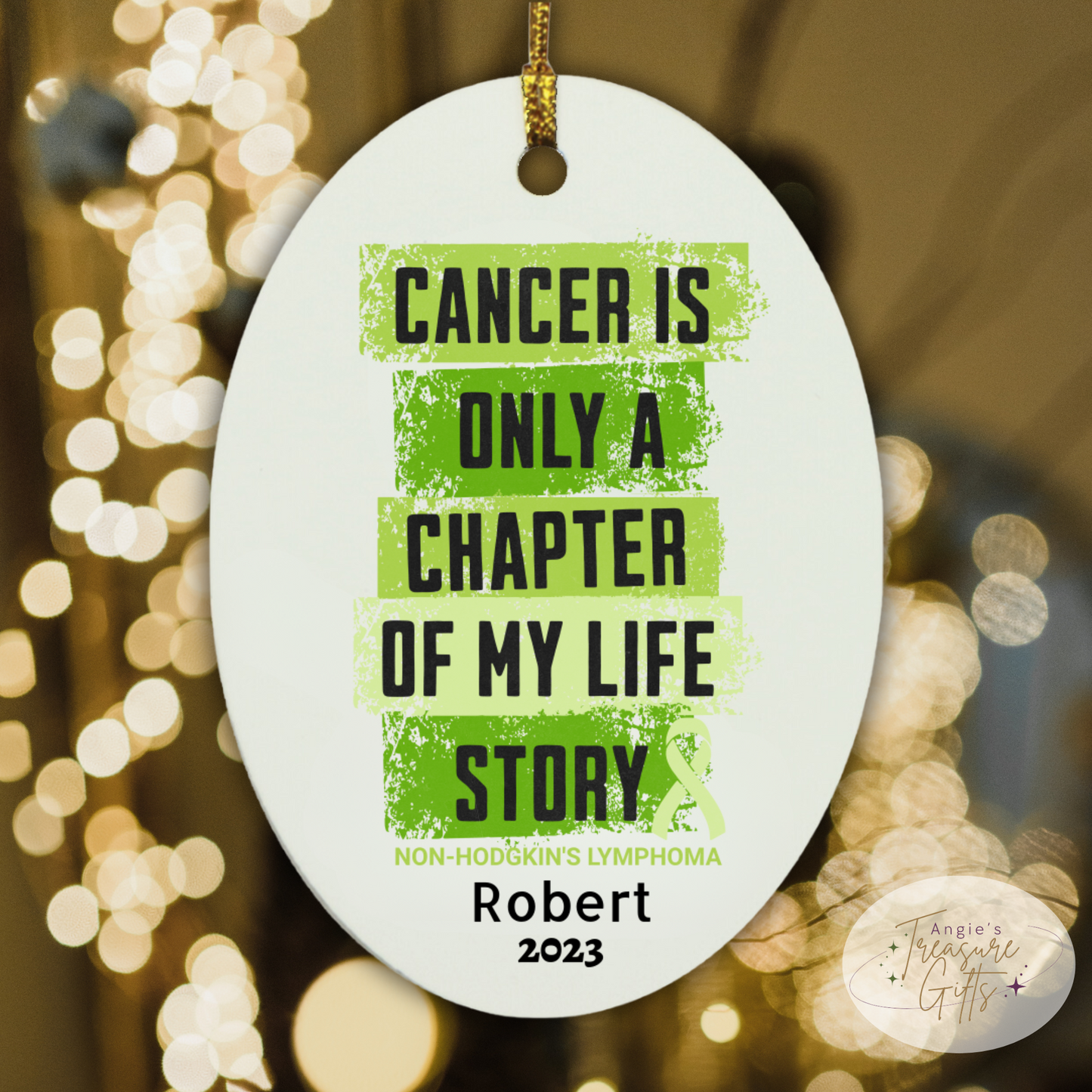 Personalized Non-Hodgkin’s Lymphoma Ornament – “Ready to Fight, Determined to Win” Lime Green Ribbon – Custom Name & Year