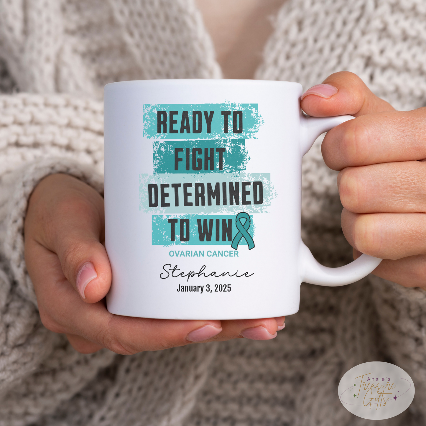 Personalized Ovarian Cancer Awareness Mug – “Ready to Fight, Determined to Win” – Teal Ribbon Survivor Gift