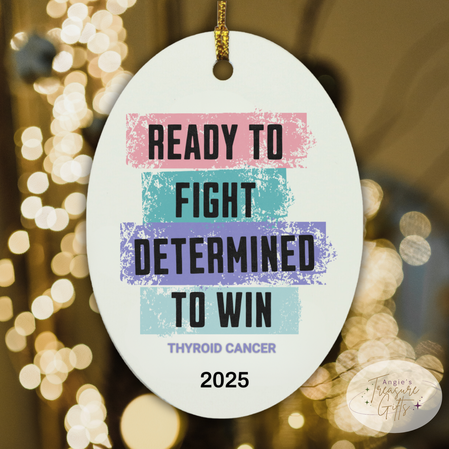 Personalized Thyroid Cancer Awareness Ornament – “Ready to Fight, Determined to Win” Pink Teal Purple Ribbon
