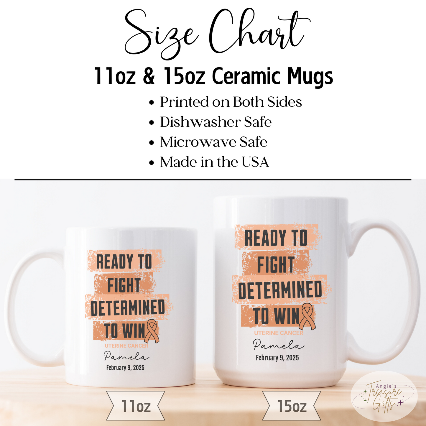 Personalized Uterine Cancer Awareness Mug – “Ready to Fight, Determined to Win” – Peach Ribbon Survivor Gift
