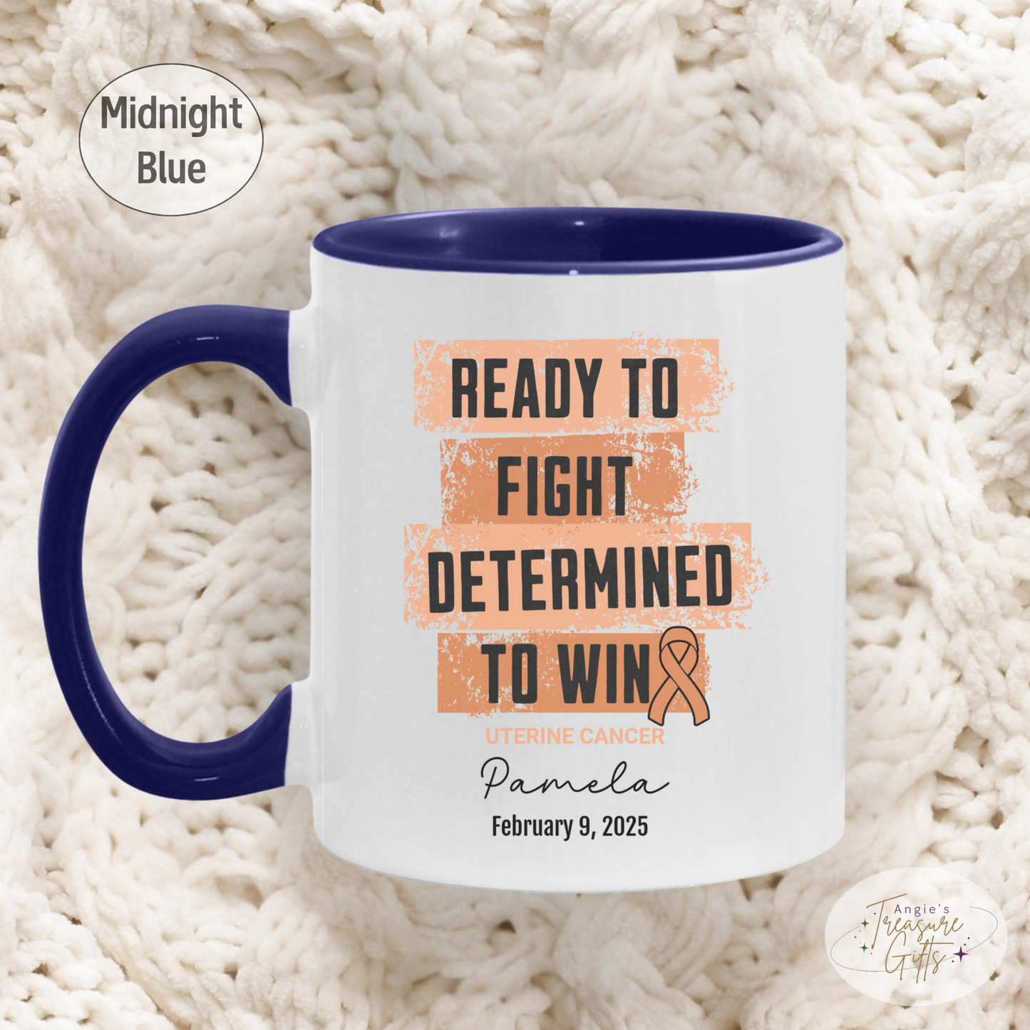 Personalized Uterine Cancer Awareness Mug – “Ready to Fight, Determined to Win” – Peach Ribbon Survivor Gift