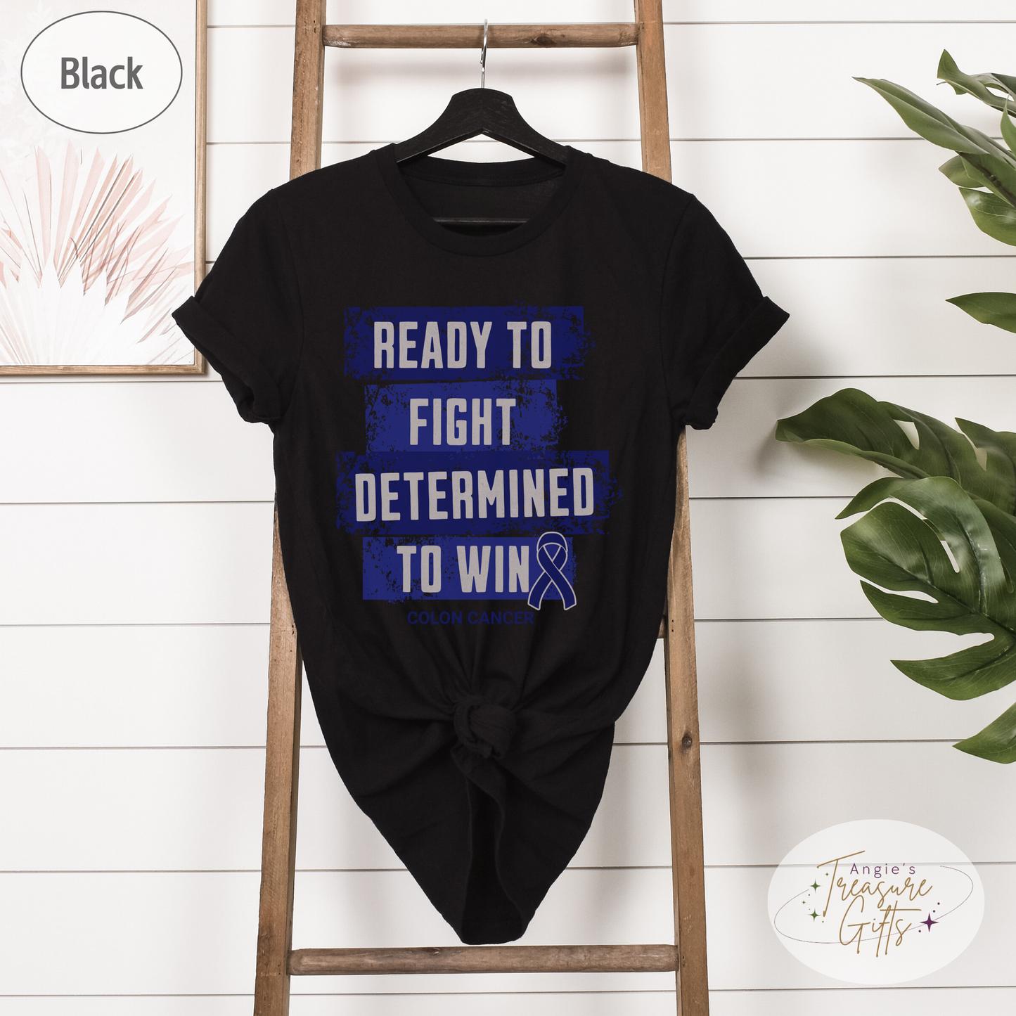 Colon Cancer Awareness T-Shirt – Ready to Fight Determined to Win – Blue Ribbon Survivor Gift