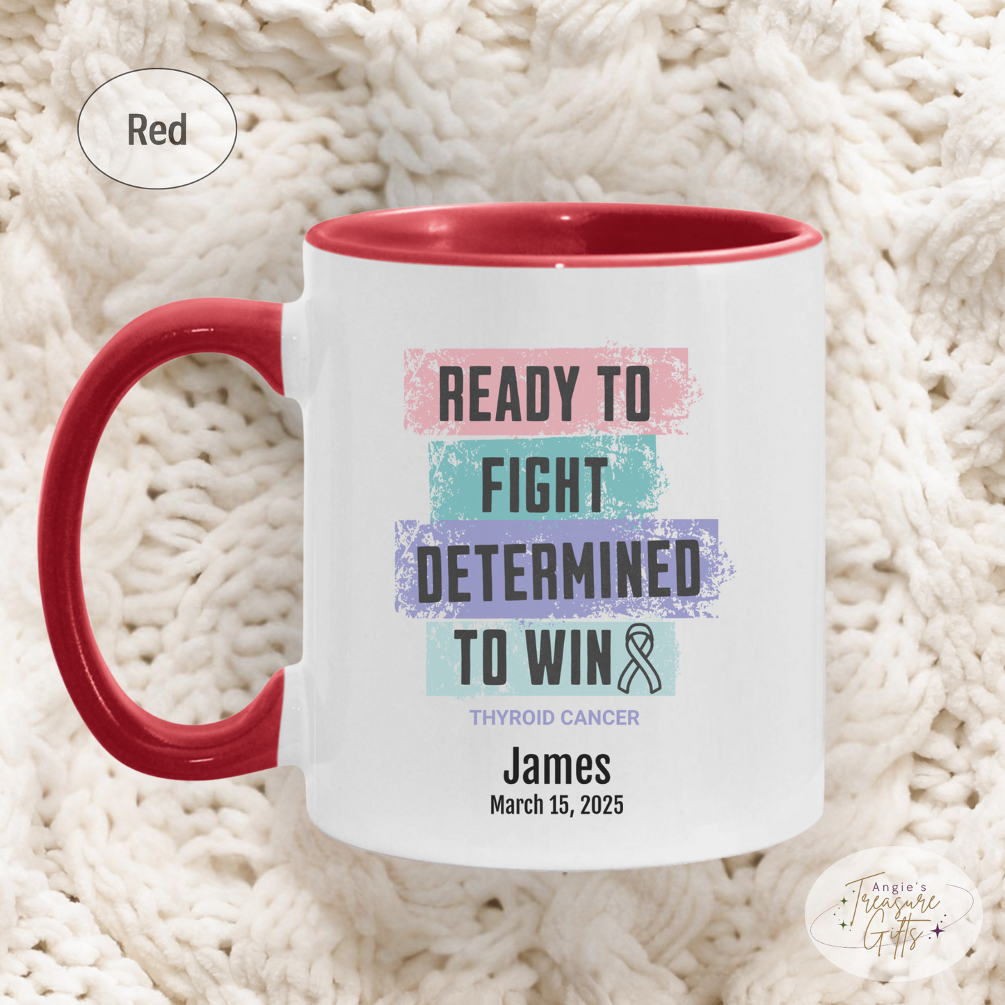 Personalized Thyroid Cancer Awareness Mug – “Ready to Fight, Determined to Win” – Teal Pink Blue Ribbon Survivor Gift