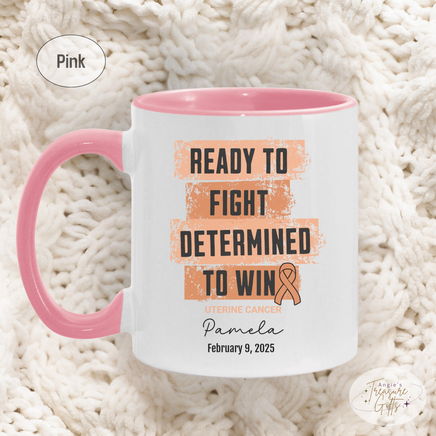 Personalized Uterine Cancer Awareness Mug – “Ready to Fight, Determined to Win” – Peach Ribbon Survivor Gift