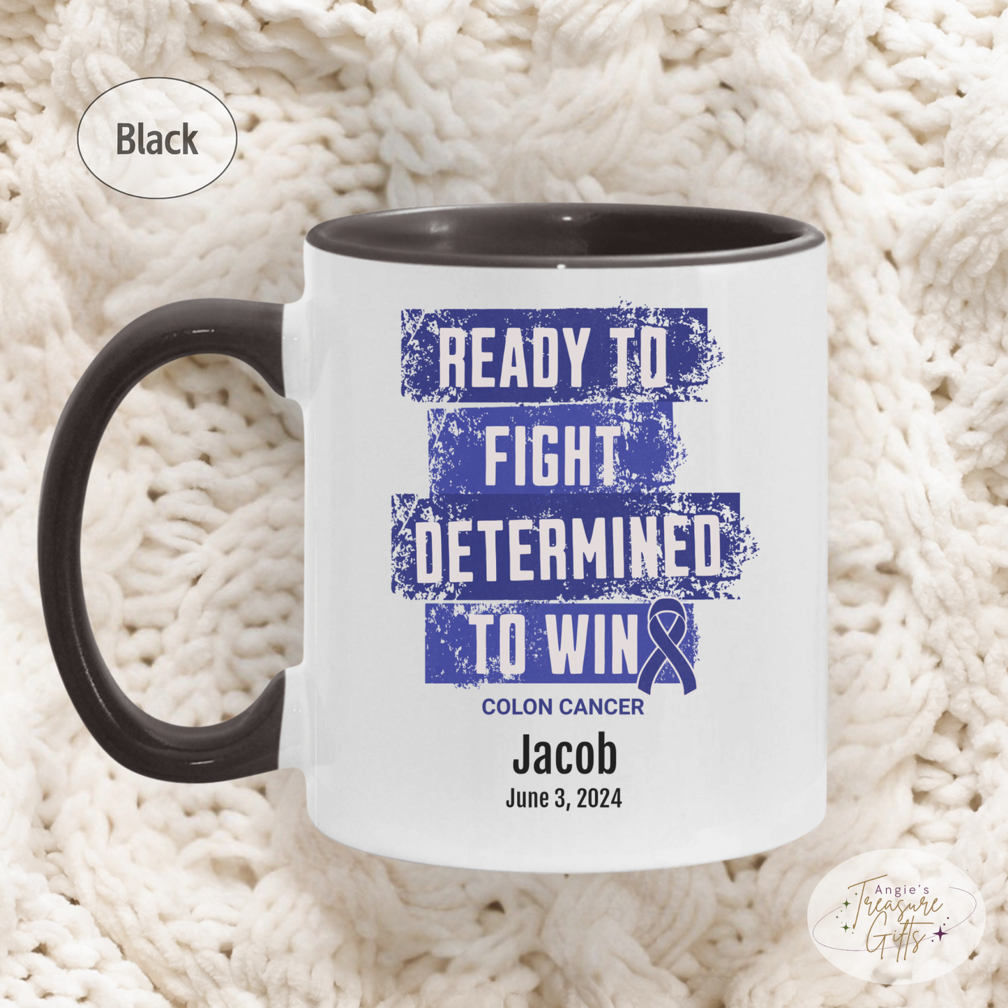 Personalized Colon Cancer Awareness Mug – “Ready to Fight, Determined to Win” – Dark Blue Ribbon Survivor Gift
