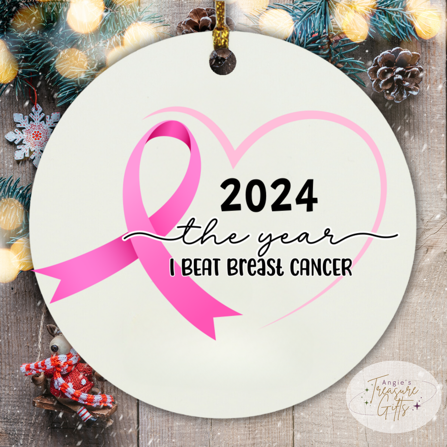 Personalized Breast Cancer Survivor Ornament – Pink Ribbon Heart – Custom Year