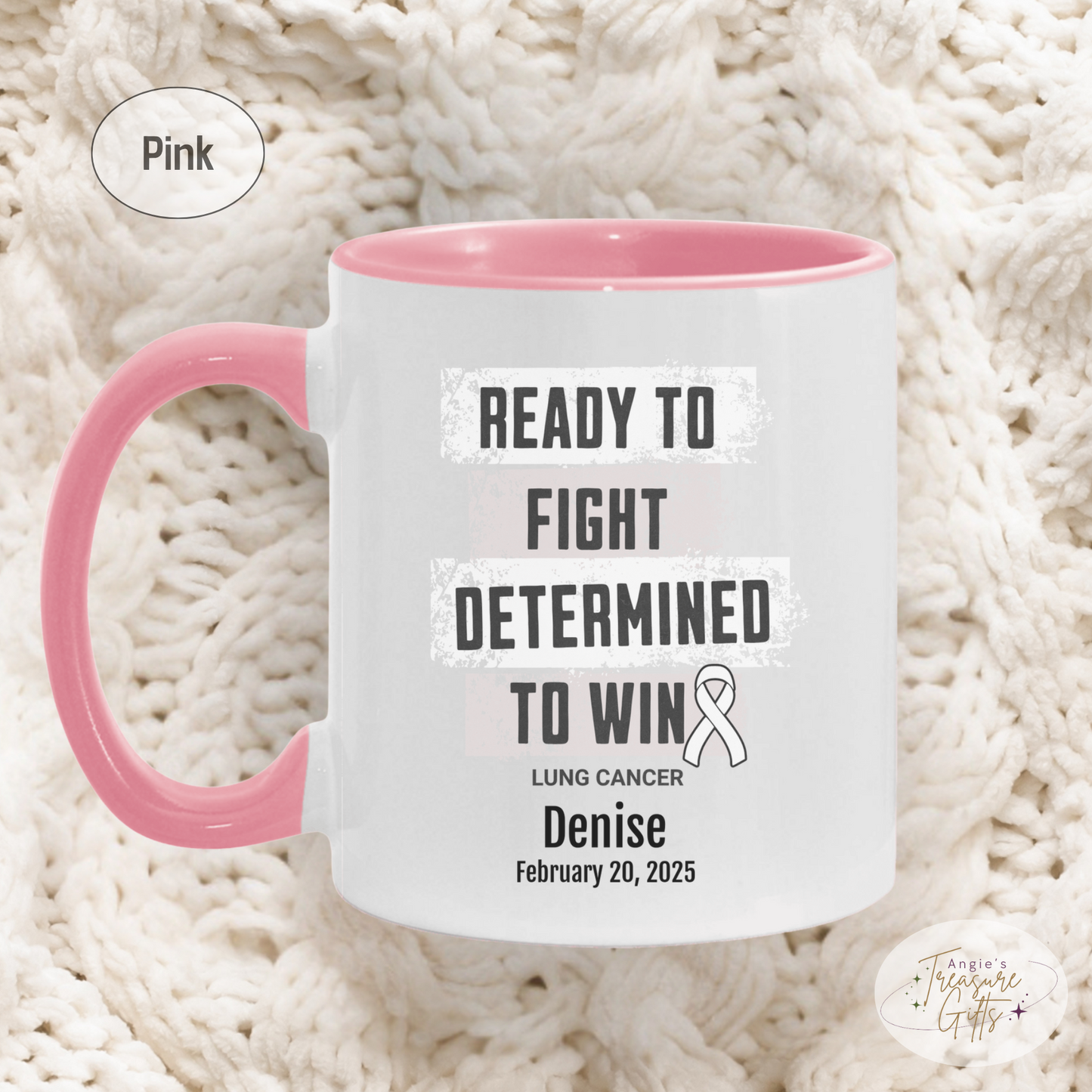 Personalized Lung Cancer Awareness Mug – “Ready to Fight, Determined to Win” – White Ribbon Survivor Gift