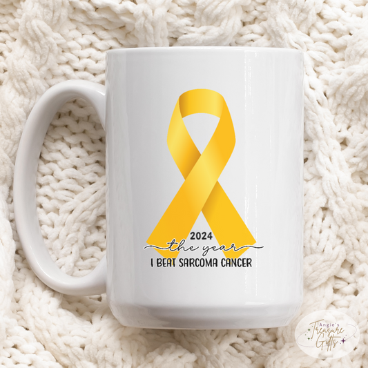 Custom Sarcoma Cancer Mug, I Beat Sarcoma Cancer Gift, Cancer Survivor Customized Coffee Cup, Yellow Awareness Ribbon, Accent Color Mug