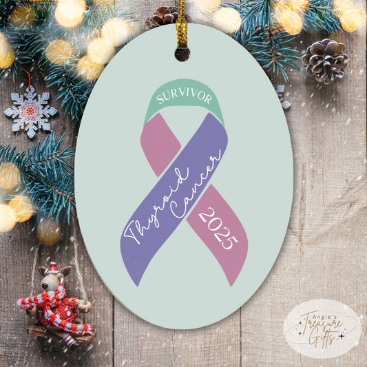 Personalized Thyroid Cancer Ornament – Teal, Purple, & Pink Awareness Ribbon – Survivor, Warrior, or Fighter – Custom Year Keepsake Gift