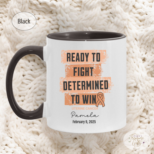 Personalized Uterine Cancer Awareness Mug – “Ready to Fight, Determined to Win” – Peach Ribbon Survivor Gift