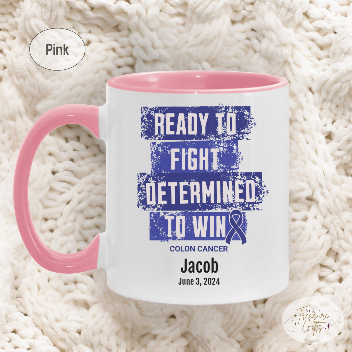 Personalized Colon Cancer Awareness Mug – “Ready to Fight, Determined to Win” – Dark Blue Ribbon Survivor Gift
