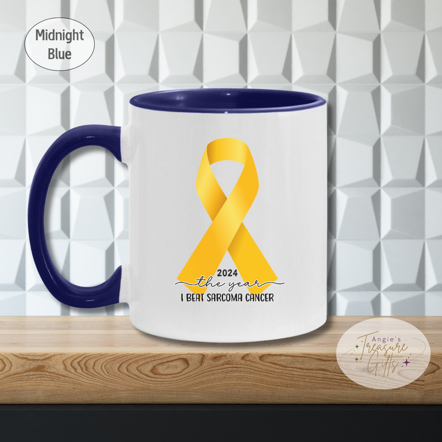 Custom Sarcoma Cancer Mug, I Beat Sarcoma Cancer Gift, Cancer Survivor Customized Coffee Cup, Yellow Awareness Ribbon, Accent Color Mug