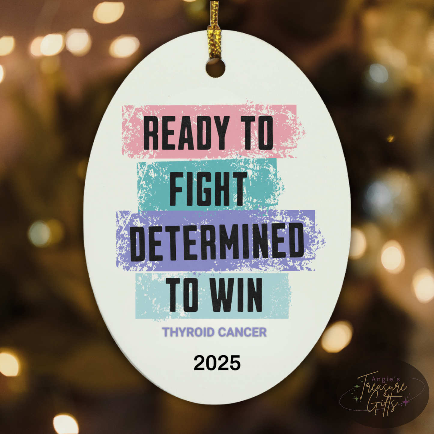 Personalized Thyroid Cancer Awareness Ornament – “Ready to Fight, Determined to Win” Pink Teal Purple Ribbon