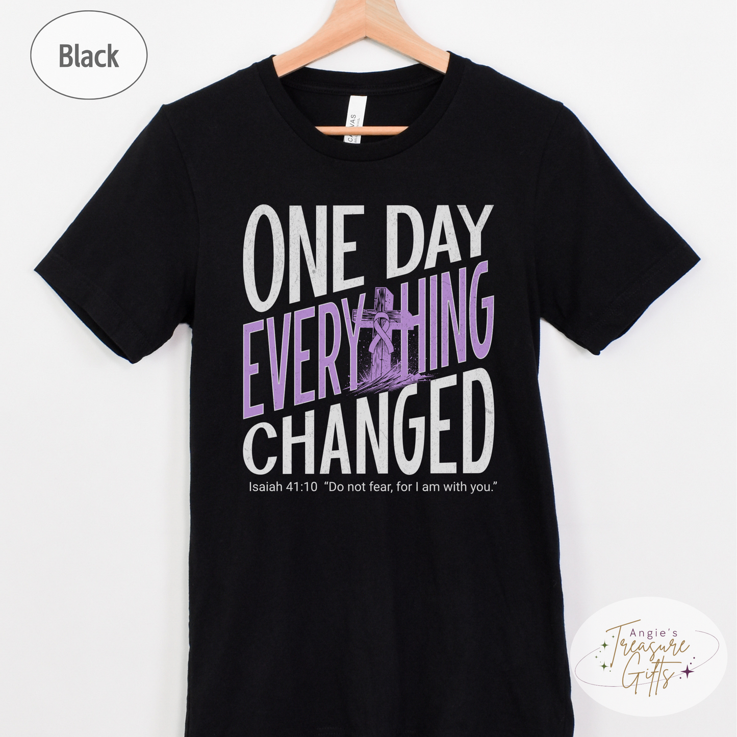 One Day Everything Changed Isaiah 41:10 Hodgkin's Lymphoma Awareness Shirt | Purple Ribbon | Faith Hope Love Bella Canvas 3001 Tee