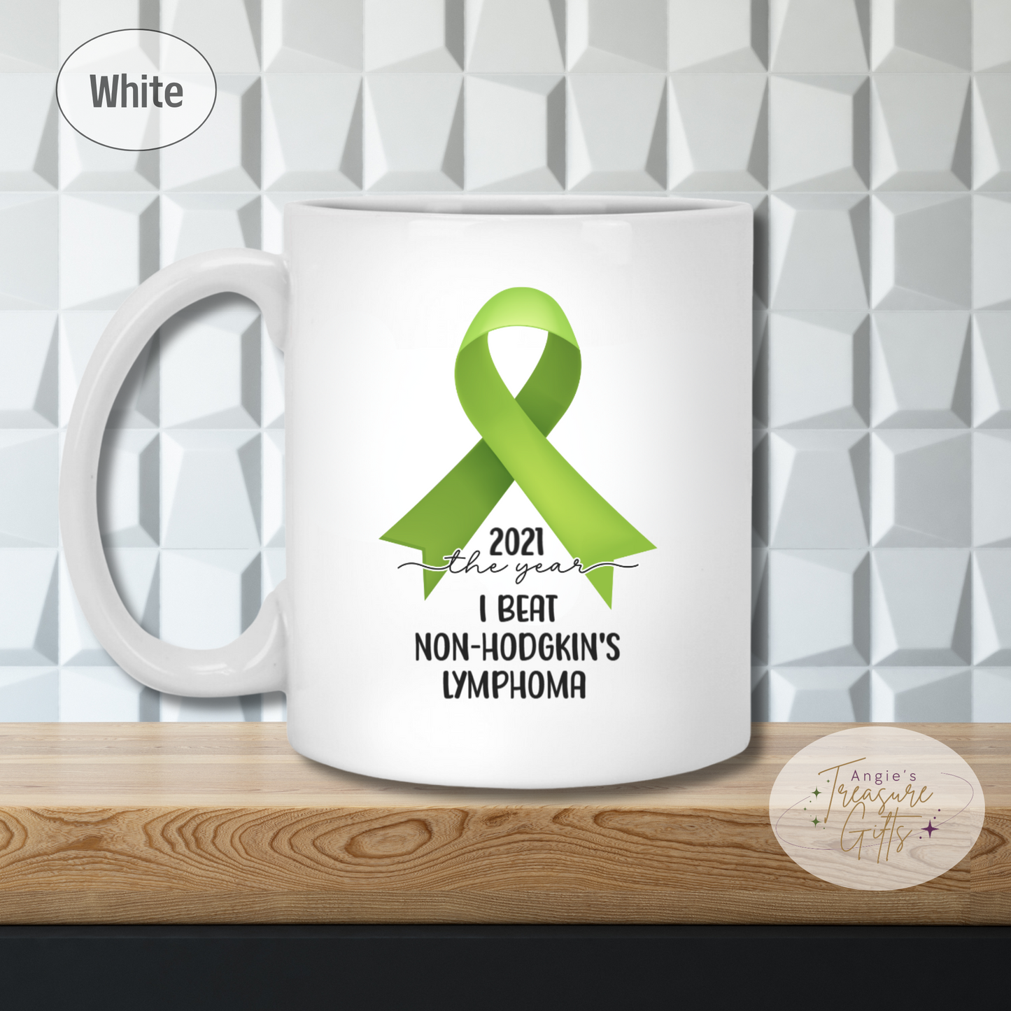 Personalized Non-Hodgkin’s Lymphoma Survivor Mug – Lime Green Awareness Ribbon Coffee Cup