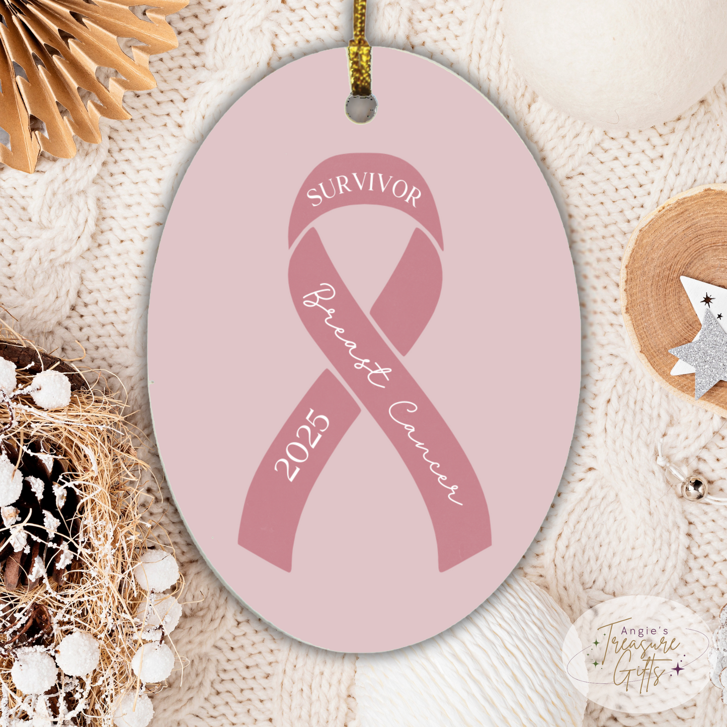 Personalized Breast Cancer Ornament – Pink Awareness Ribbon – Survivor, Warrior, or Fighter – Custom Year Keepsake Gift