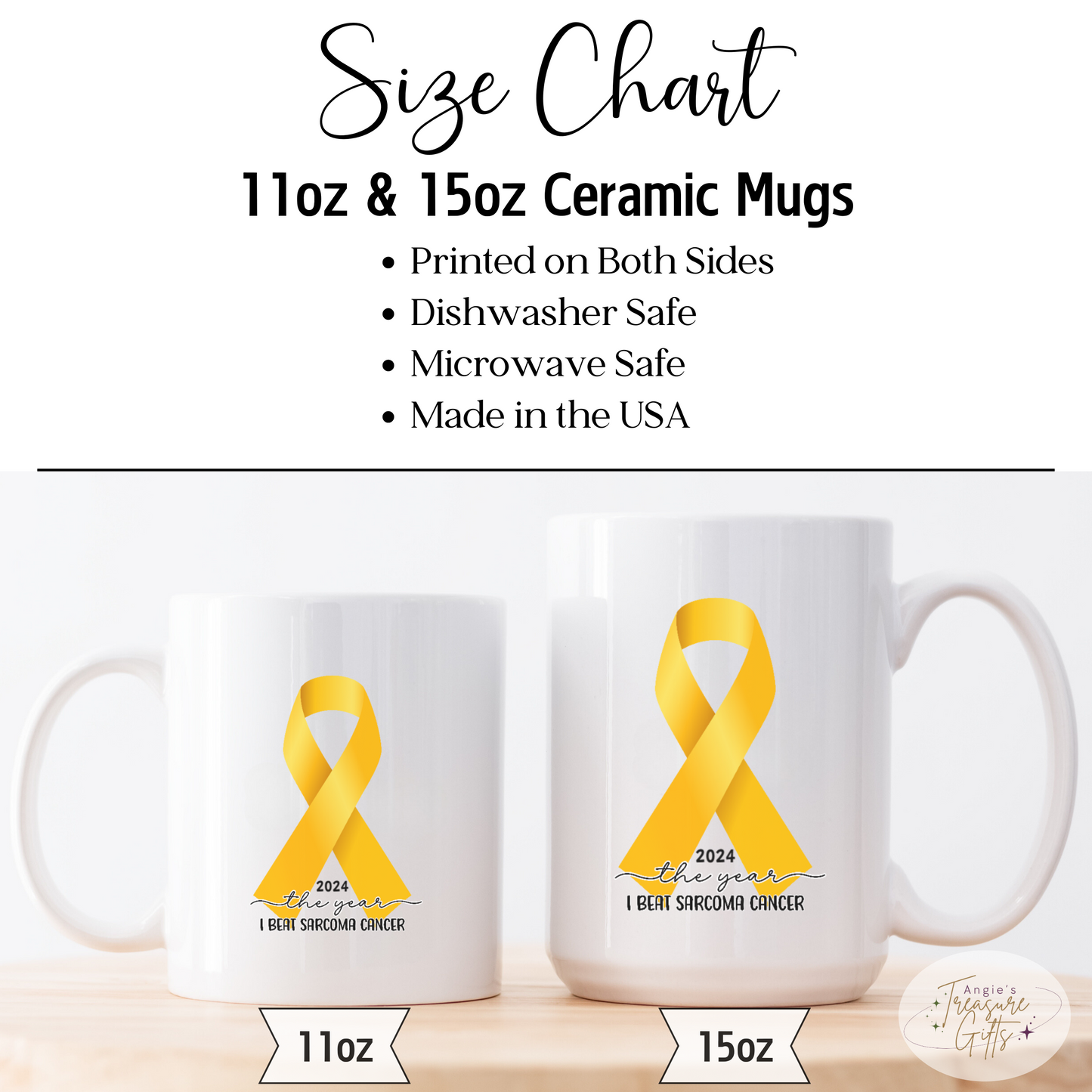 Custom Sarcoma Cancer Mug, I Beat Sarcoma Cancer Gift, Cancer Survivor Customized Coffee Cup, Yellow Awareness Ribbon, Accent Color Mug
