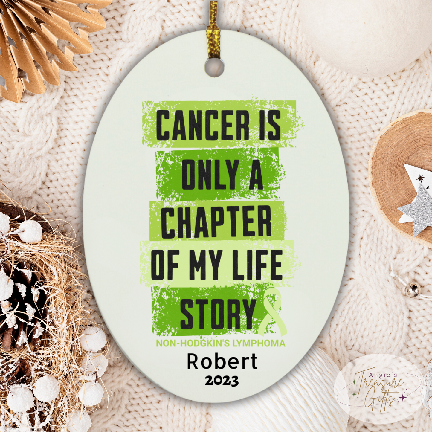 Personalized Non-Hodgkin’s Lymphoma Ornament – “Ready to Fight, Determined to Win” Lime Green Ribbon – Custom Name & Year