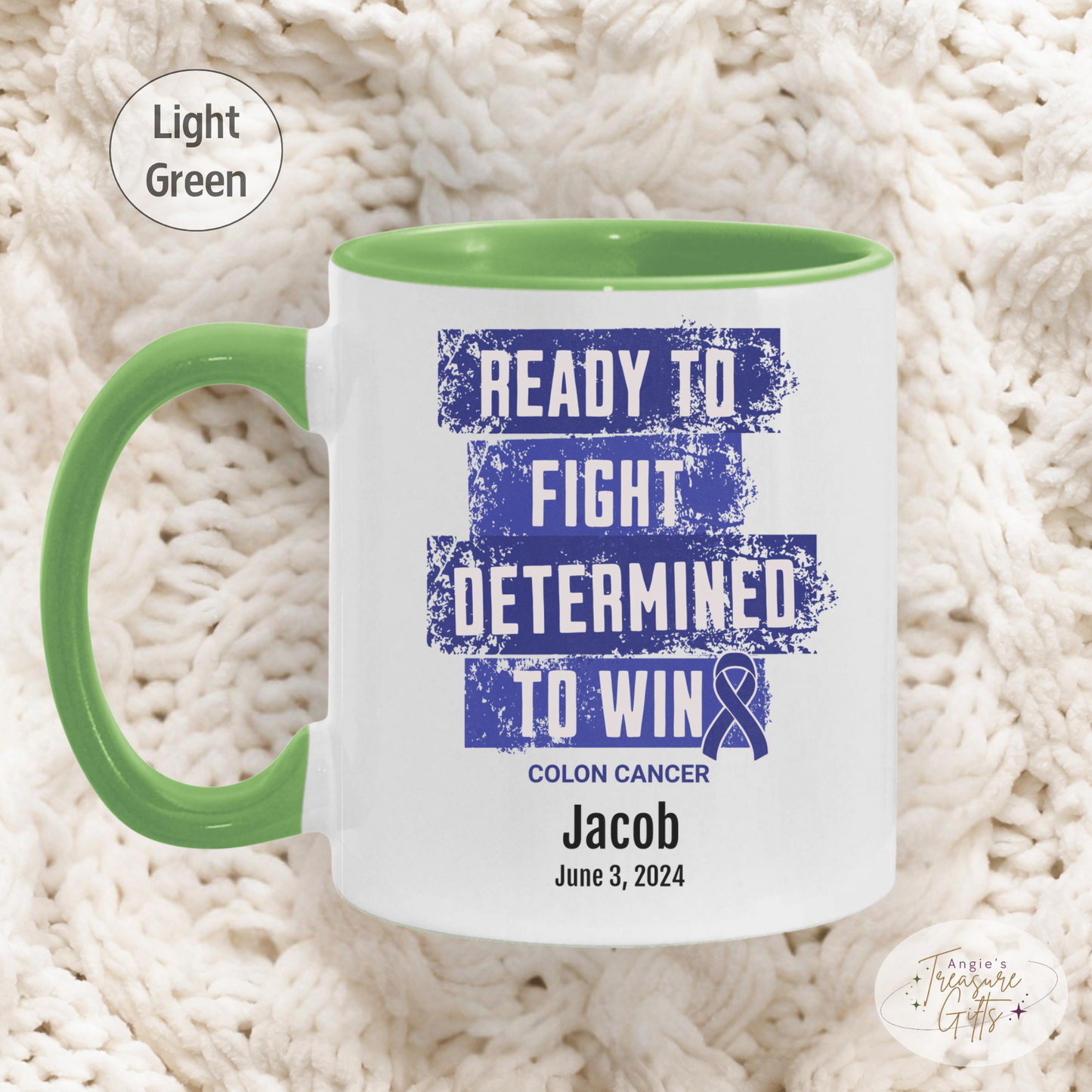 Personalized Colon Cancer Awareness Mug – “Ready to Fight, Determined to Win” – Dark Blue Ribbon Survivor Gift