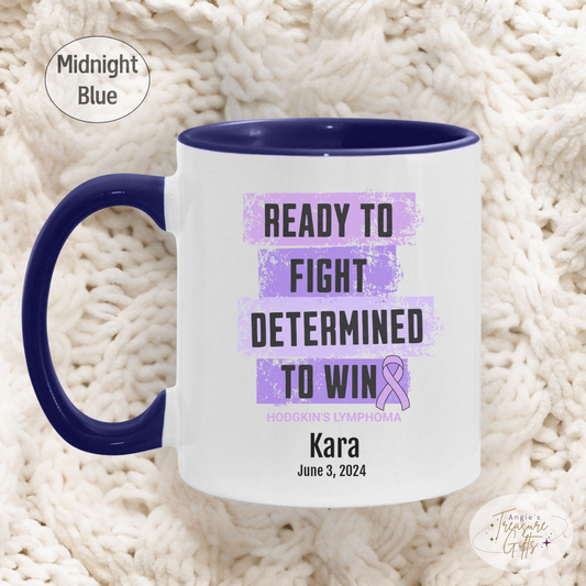 Personalized Hodgkin’s Lymphoma Awareness Mug – “Ready to Fight, Determined to Win” – Violet Ribbon Survivor Gift