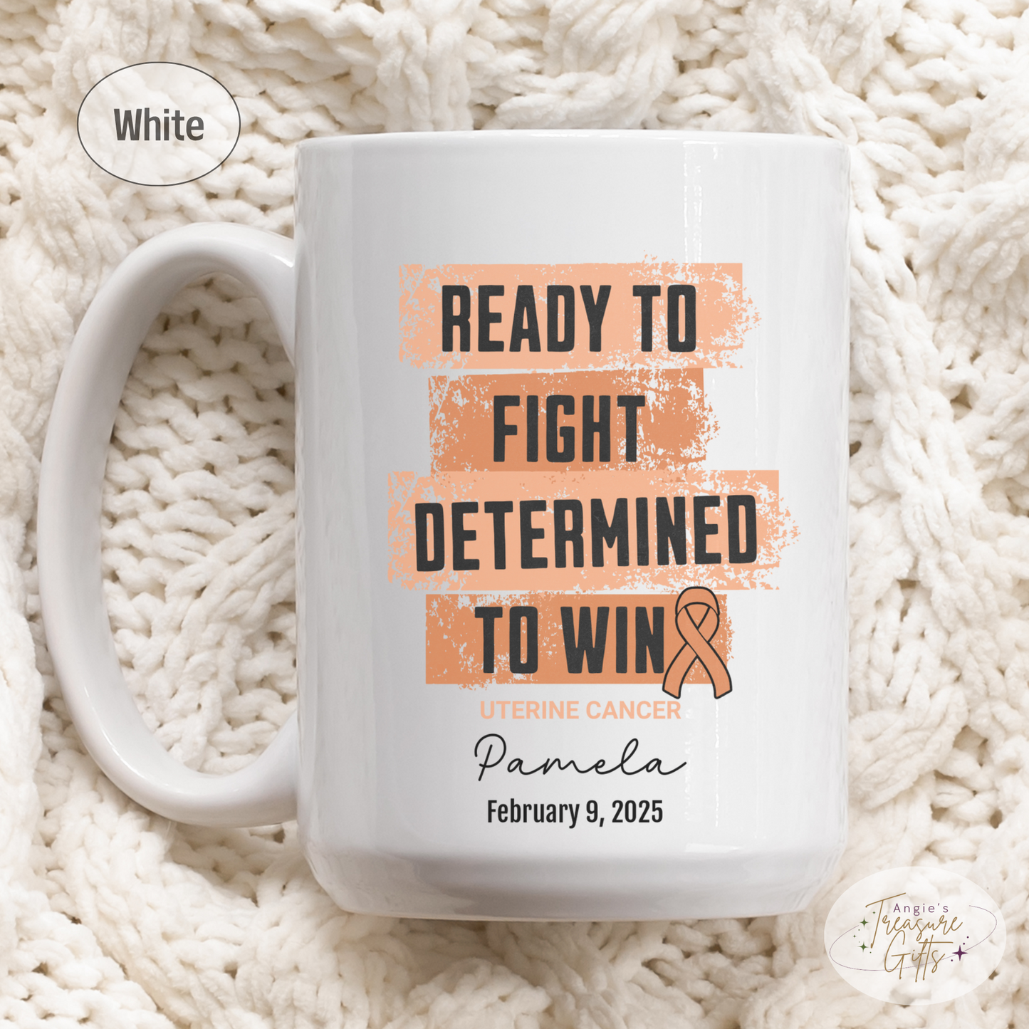 Personalized Uterine Cancer Awareness Mug – “Ready to Fight, Determined to Win” – Peach Ribbon Survivor Gift