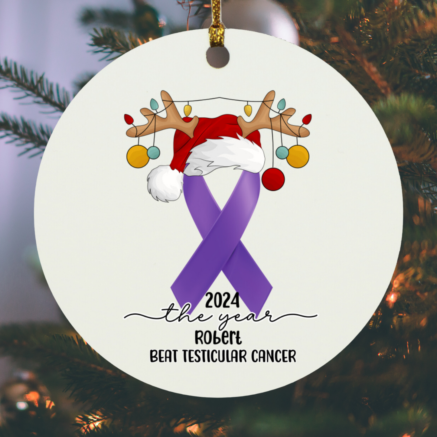 Custom Testicular Cancer Survivor Ornament – Personalized Year & Name – Purple Ribbon Holiday Keepsake