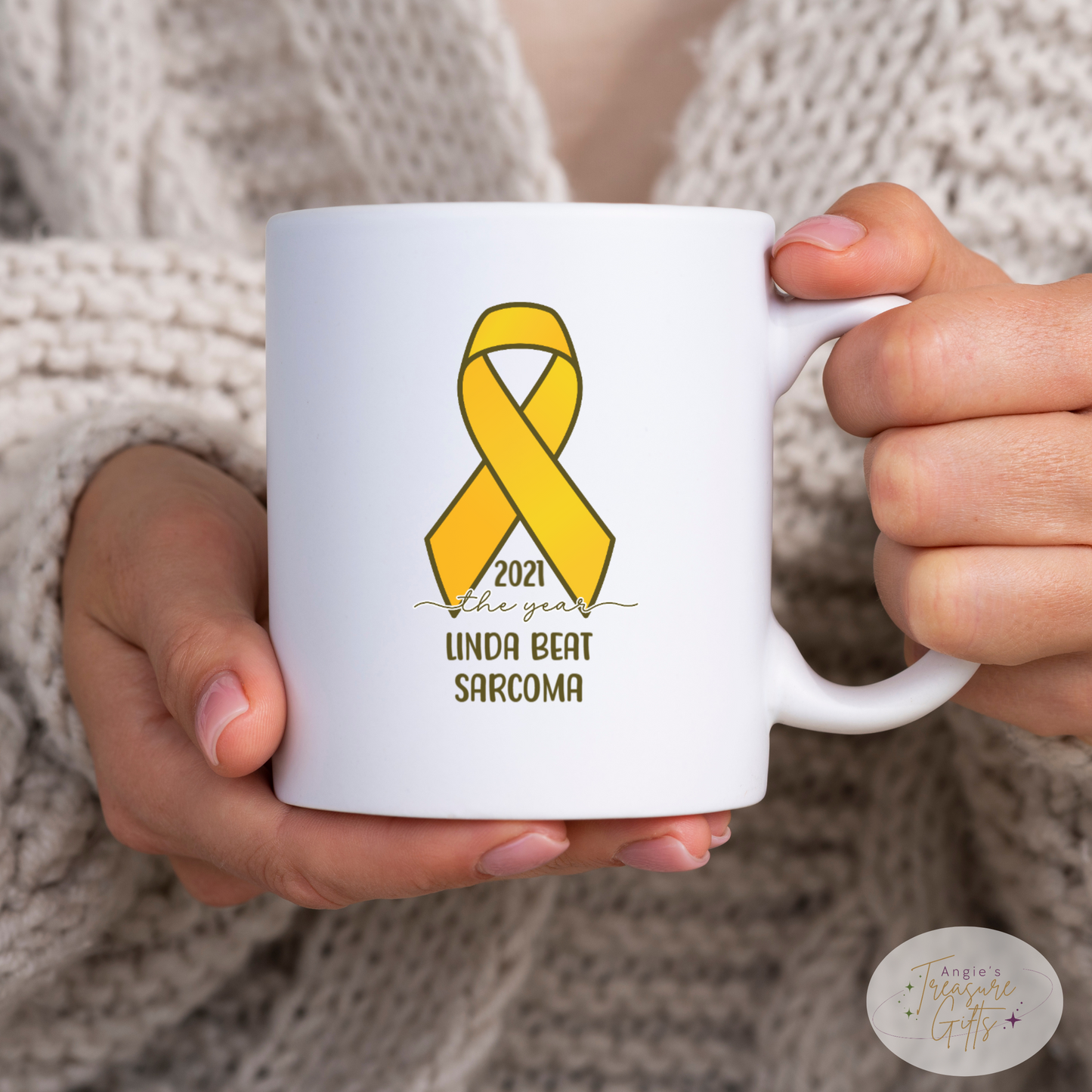 Personalized Sarcoma Cancer Survivor Mug – Yellow Awareness Ribbon Coffee Cup