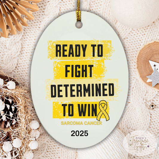 Personalized Sarcoma Cancer Awareness Ornament – “Ready to Fight, Determined to Win” Yellow Ribbon
