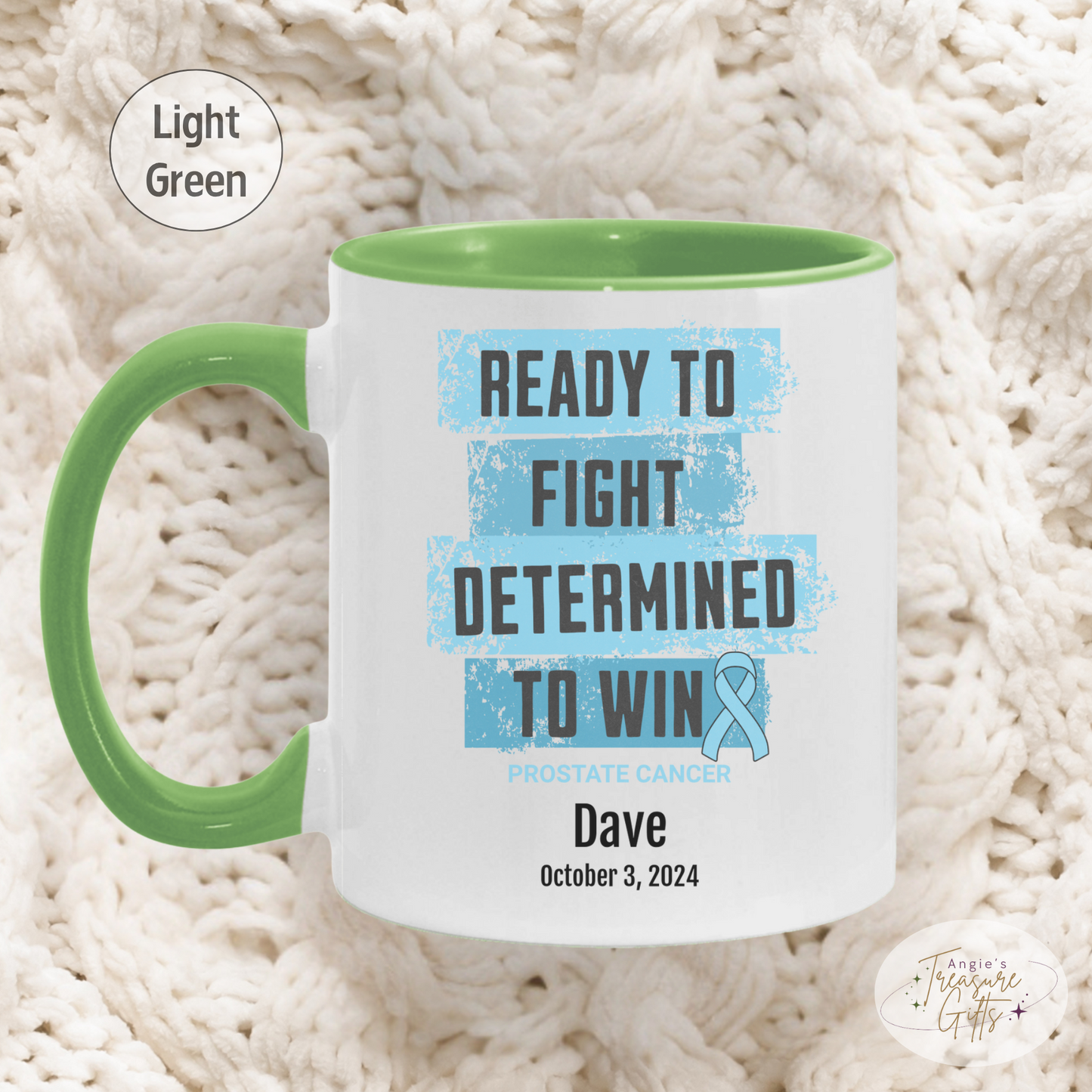 Personalized Prostate Cancer Awareness Mug – “Ready to Fight, Determined to Win” – Light Blue Ribbon Survivor Gift