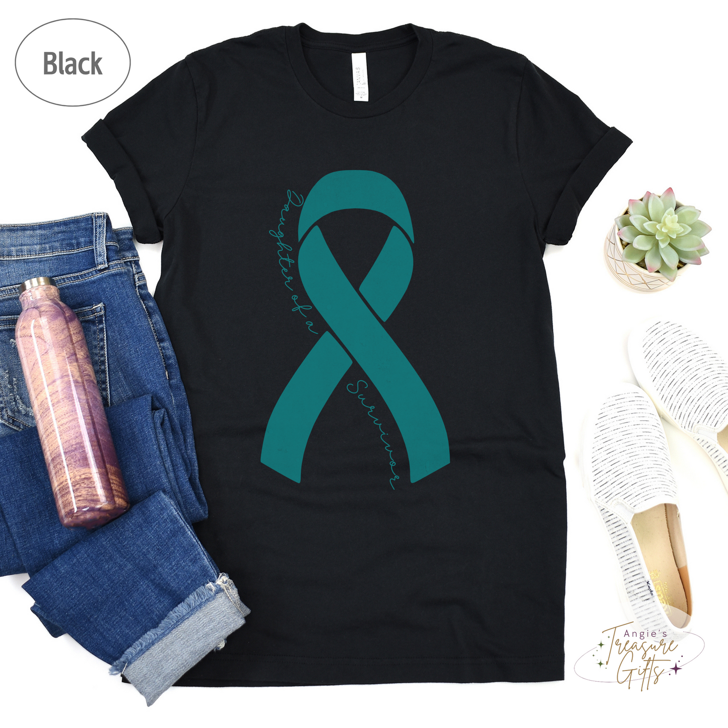 Personalized Ovarian Cancer Awareness Shirt – Teal Ribbon Tee – Customizable Survivor, Warrior, Fighter Support – Bella Canvas 3001