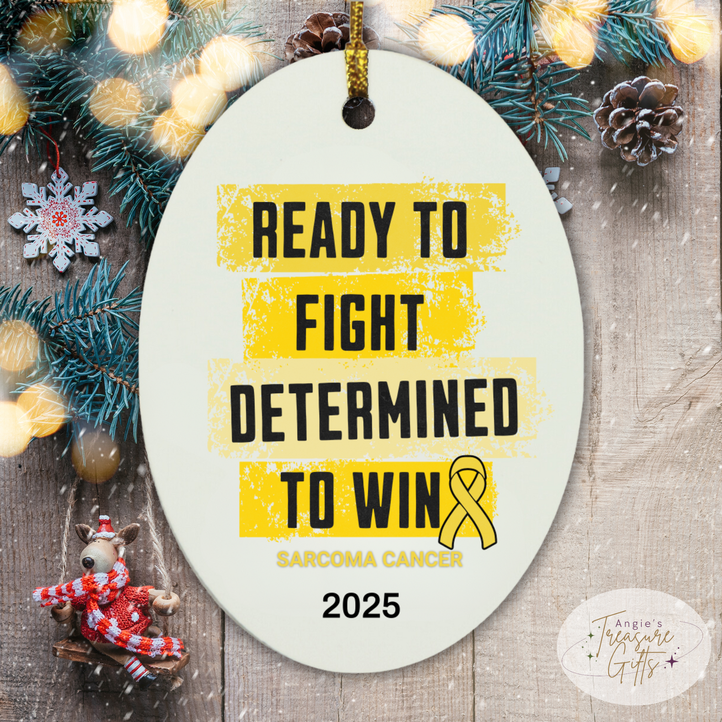 Personalized Sarcoma Cancer Awareness Ornament – “Ready to Fight, Determined to Win” Yellow Ribbon