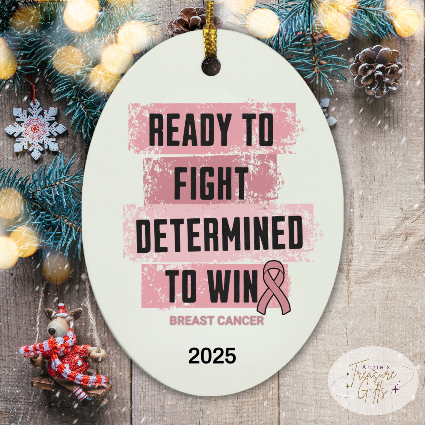 Personalized Breast Cancer Awareness Ornament – “Ready to Fight, Determined to Win” Pink Ribbon