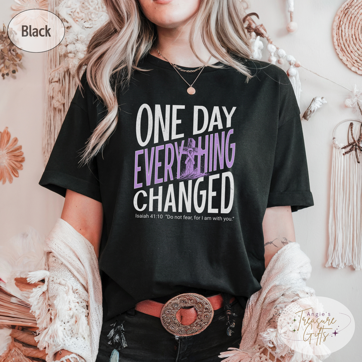 One Day Everything Changed Isaiah 41:10 Hodgkin's Lymphoma Awareness Shirt | Purple Ribbon | Faith Hope Love Bella Canvas 3001 Tee