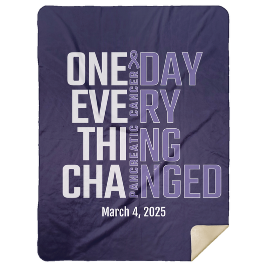 Personalized Pancreatic Cancer Awareness Sherpa Blanket – One Day Everything Changed – Custom Name & Date - Three Sizes - Purple Ribbon Gift