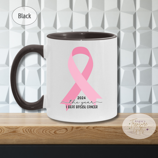 Custom Breast Cancer Survivor Mug, The Year I Beat Cancer Gift, Customized Coffee Mug for Breast Cancer Warrior, Pink Awareness Ribbon